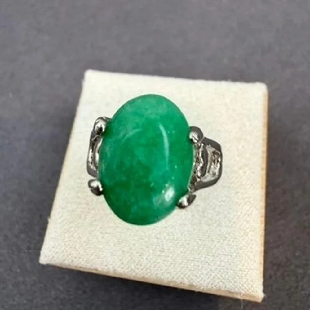 Green Stone Oval Cabochon Ring Silver Tone Statement Solitaire Design